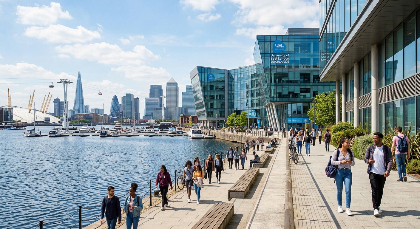 Modern waterfront campus at University of East London Docklands, contemporary glass buildings overlooking Royal Victoria Dock, students walking along the riverside promenade with London skyline in background, bright daylight