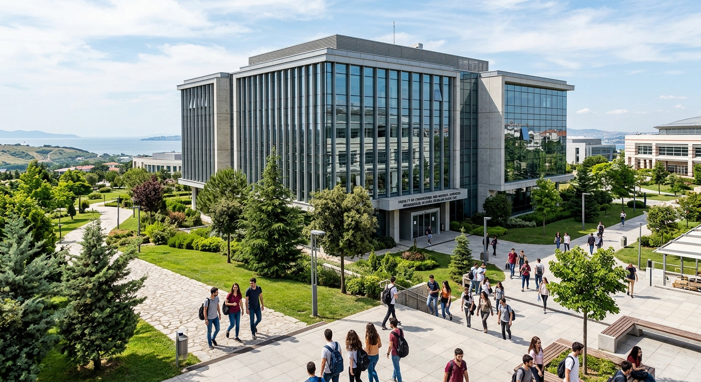 Modern Sabancı University campus in Istanbul Turkey, engineering faculty building with glass facade, green landscaped grounds, students walking on pathways, contemporary architecture with bright daylight