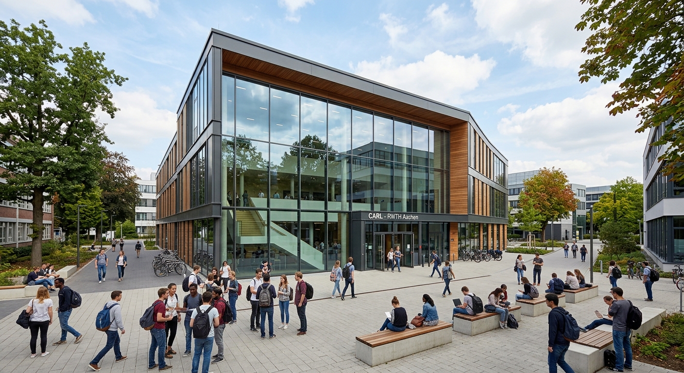 RWTH Aachen CARL lecture hall building, contemporary architecture with large glass facades, open courtyard with students, modern campus setting