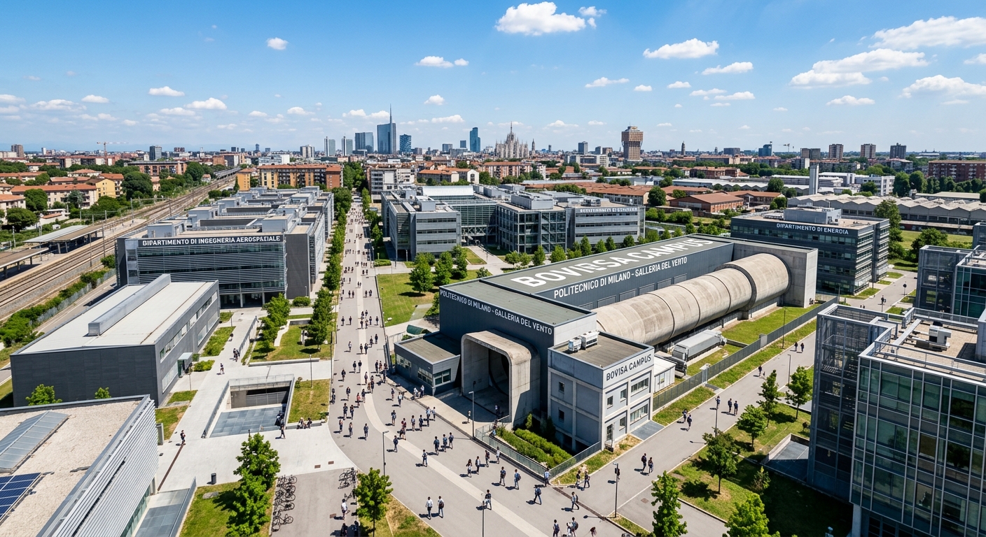 Aerial view of Politecnico di Milano Bovisa campus with modern engineering buildings, wind tunnel facility, and students walking between lecture halls under a clear Italian sky
