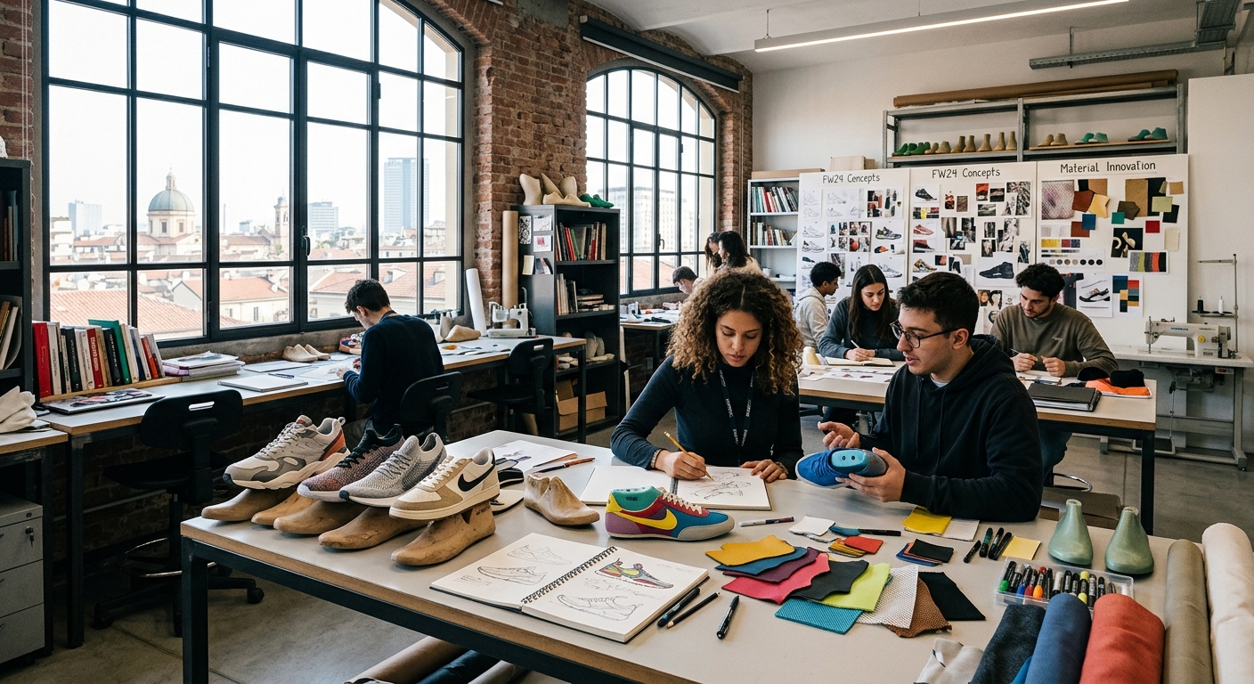Modern design studio in Milan with sneaker prototypes displayed on workbenches, students sketching footwear concepts, colorful material swatches and shoe lasts visible, large industrial windows with natural light