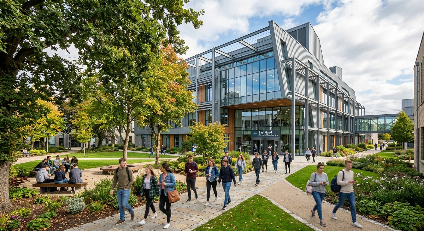 TU Dublin Grangegorman campus East Quad modern academic building, glass and steel architecture, students walking on tree-lined pathways, green landscaped courtyards
