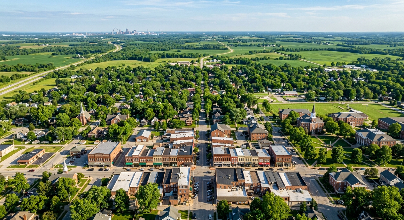Aerial view of Lebanon Illinois showing small-town charm with tree-lined streets, historic brick buildings along St. Louis Street, McKendree University campus visible, rolling green farmland in the background, with the St. Louis skyline faintly visible on the horizon