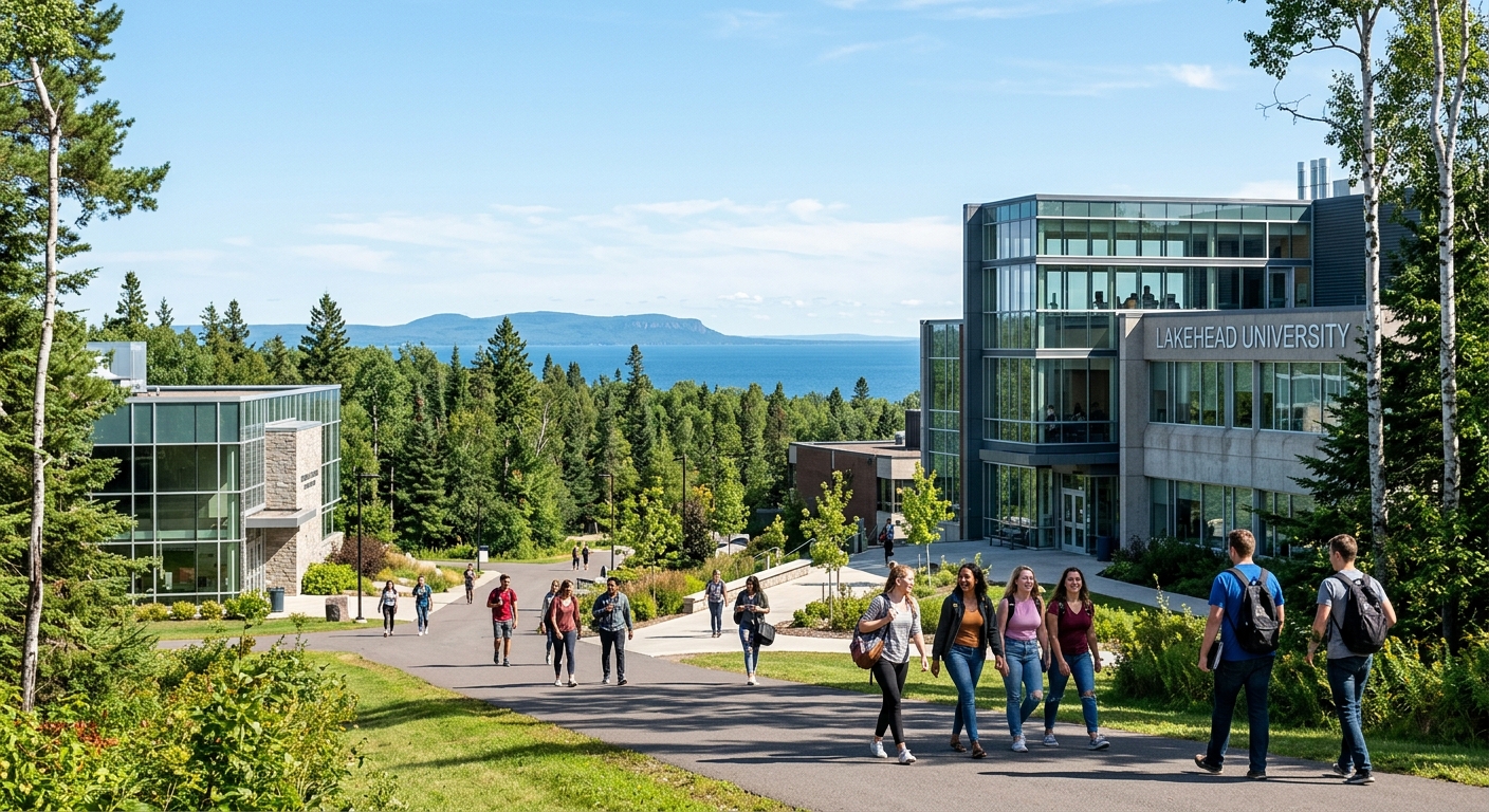 Modern Lakehead University campus in Thunder Bay, Ontario with students walking between buildings surrounded by northern Ontario forest and Lake Superior in the background, clear sky, contemporary architecture