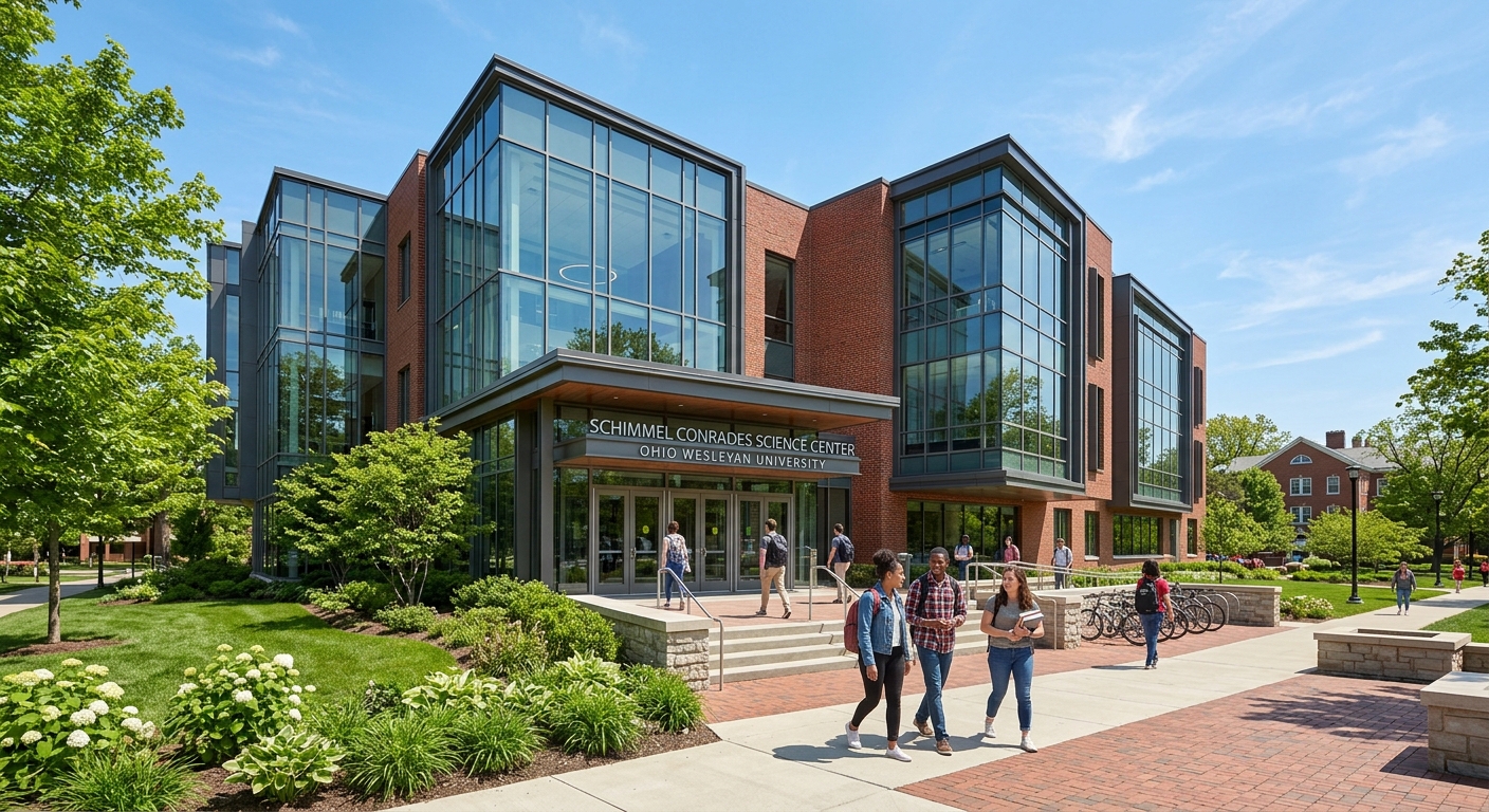 Schimmel Conrades Science Center at Ohio Wesleyan University, modern glass and brick building with students entering, green landscaping, sunny day