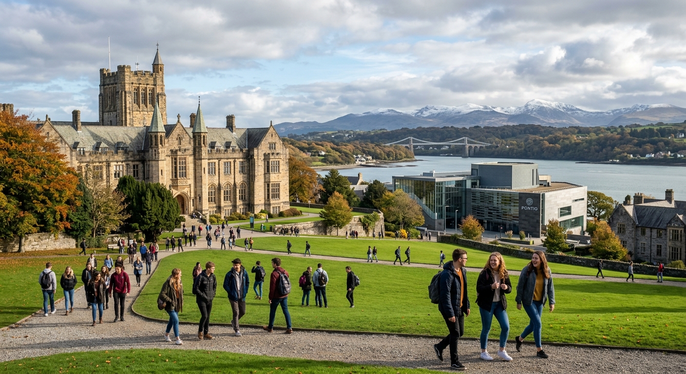 Bangor University campus with historic stone buildings nestled between Snowdonia mountains and the Menai Strait, students walking across green lawns with the Pontio arts centre visible in the background, dramatic Welsh coastal landscape