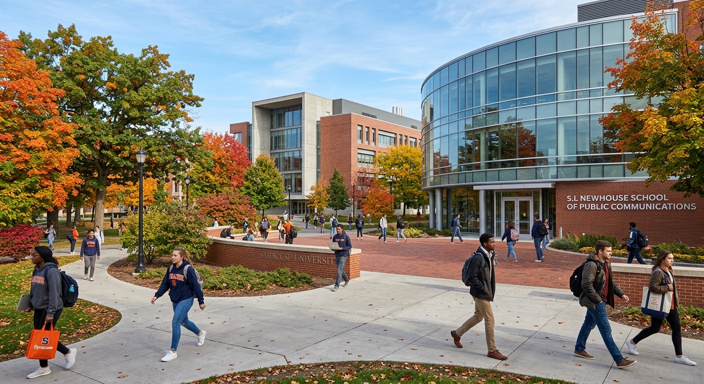 Syracuse University Newhouse School of Public Communications building exterior with students walking on campus pathways, autumn foliage on trees, modern glass and brick architecture, clear sky