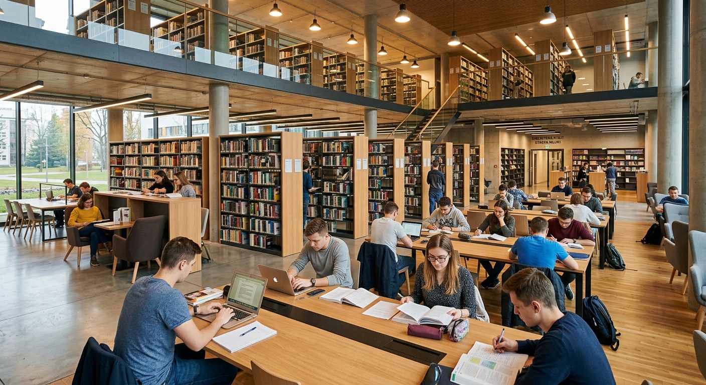 PJAIT university library interior with modern shelving, study areas, students reading and researching, warm ambient lighting, contemporary academic environment