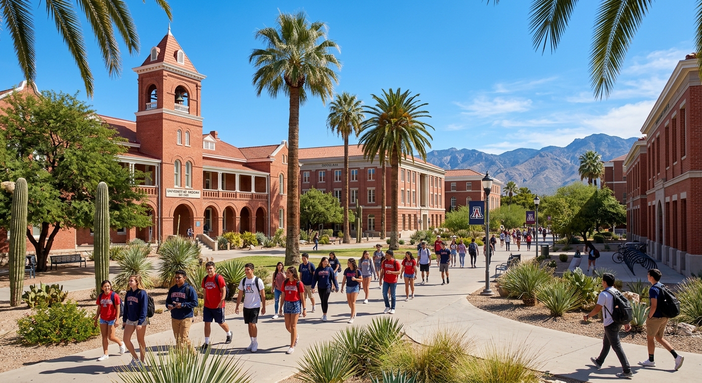 University of Arizona campus in Tucson with red brick buildings, palm trees, desert landscape, and students walking along pathways under clear blue skies