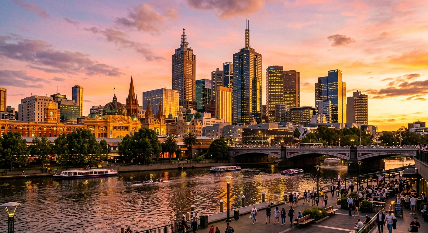 Melbourne CBD skyline at sunset, Yarra River in foreground, modern skyscrapers and historic Flinders Street Station, warm golden light reflecting off glass towers, pedestrians on Southbank promenade
