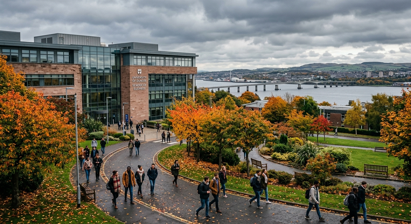 University of Dundee campus with modern School of Business building, students walking along tree-lined pathways, River Tay visible in background, overcast Scottish sky, autumn colors on campus grounds