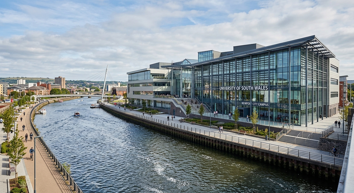University of South Wales Newport City Campus, modern building on the banks of the River Usk, glass and steel architecture, waterfront setting