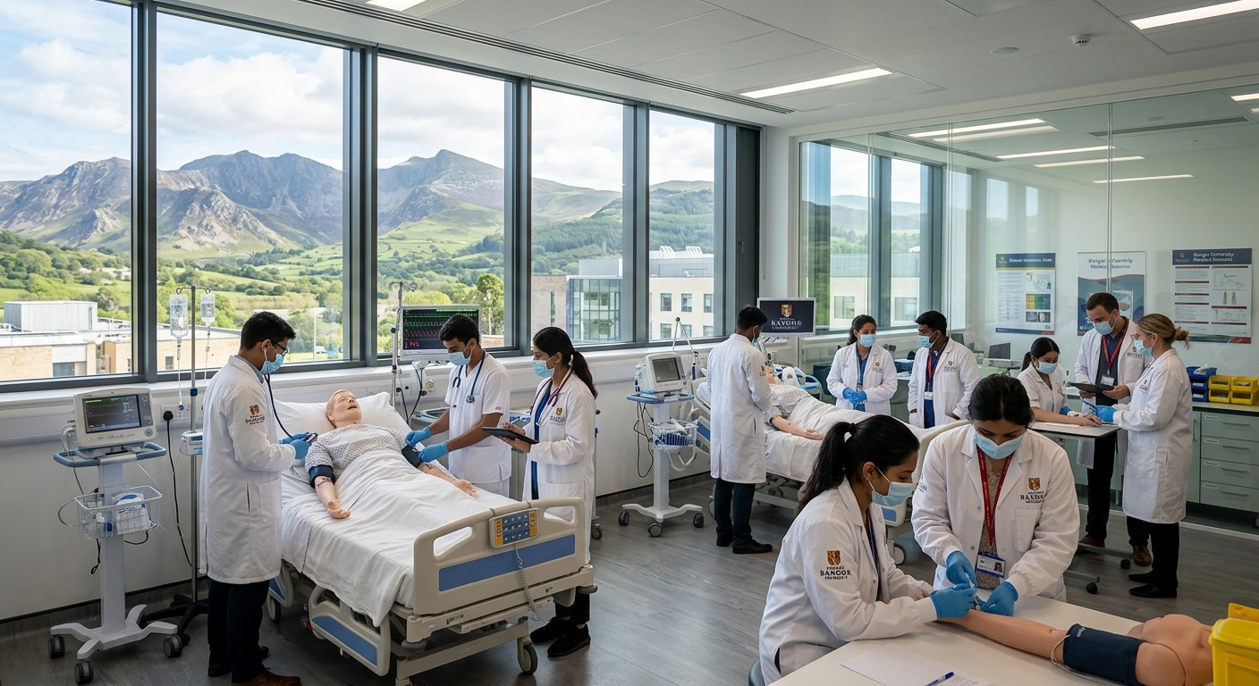 Bangor University medical sciences building with clinical simulation suite, students in white coats practicing clinical skills, mountainous North Wales landscape visible through windows, modern healthcare education environment