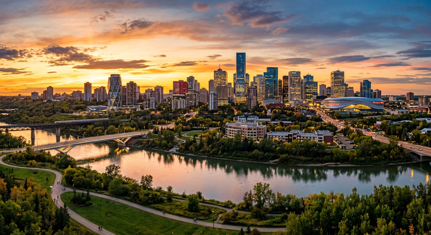 Edmonton city skyline at sunset with the North Saskatchewan River in the foreground, modern glass towers, river valley parks, and a vibrant urban landscape under warm golden light