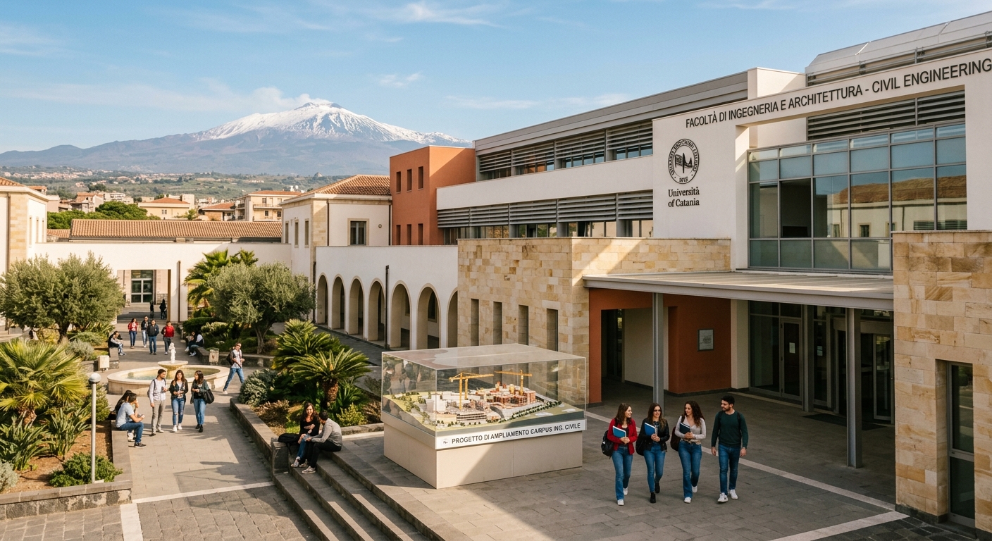 Modern civil engineering campus building at the University of Catania with Mediterranean architecture, students walking through sunlit courtyard, Mount Etna visible in background, construction site model displayed near entrance