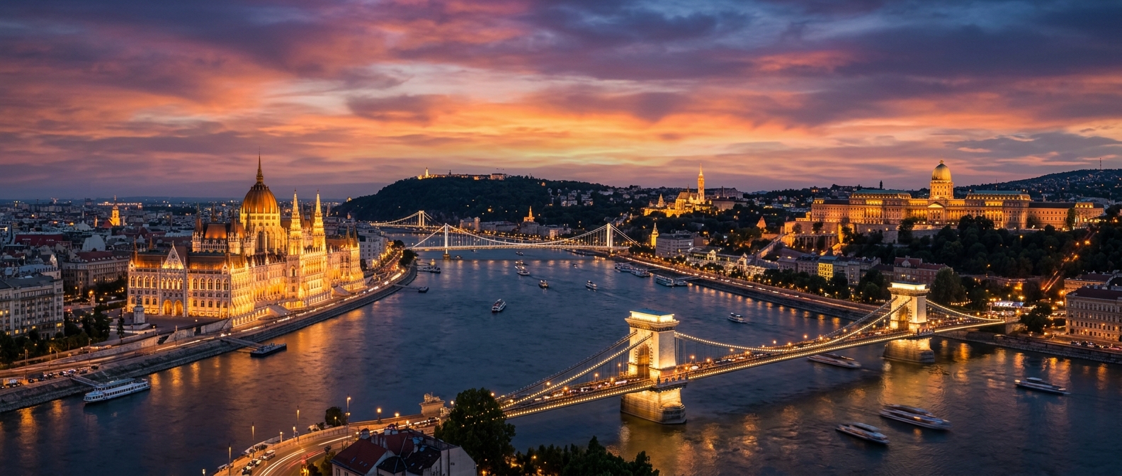 Panoramic view of Budapest skyline at sunset, Hungarian Parliament building on the Danube, Chain Bridge illuminated, Buda Castle on the hill, warm orange and purple sky