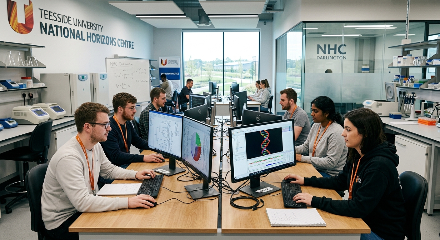Modern bioinformatics laboratory at Teesside University National Horizons Centre in Darlington, students analyzing biological data on computer screens with DNA visualizations, bright contemporary research facility with advanced scientific equipment