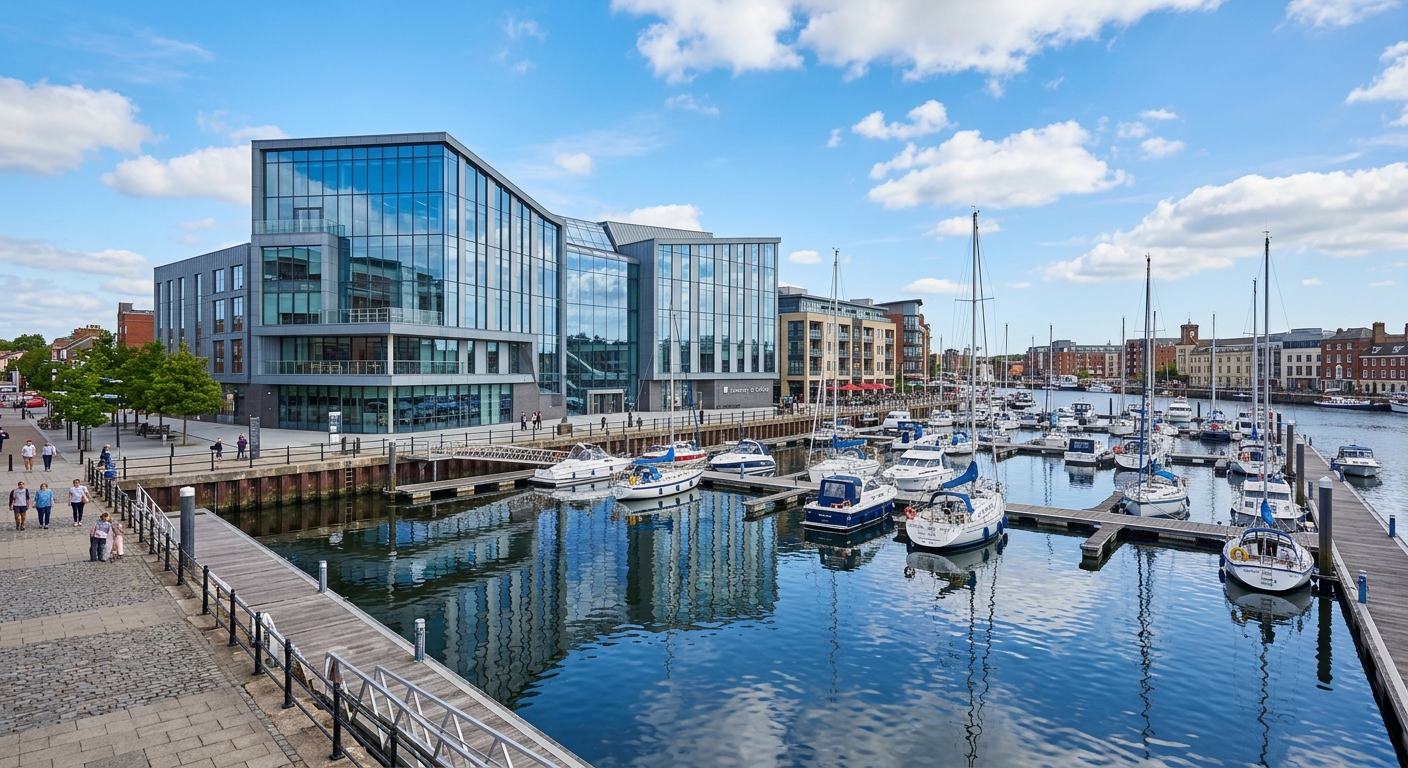 University of Suffolk Waterfront Building on Ipswich Waterfront, modern glass and steel architecture overlooking marina with boats, blue sky reflected in water, Suffolk England