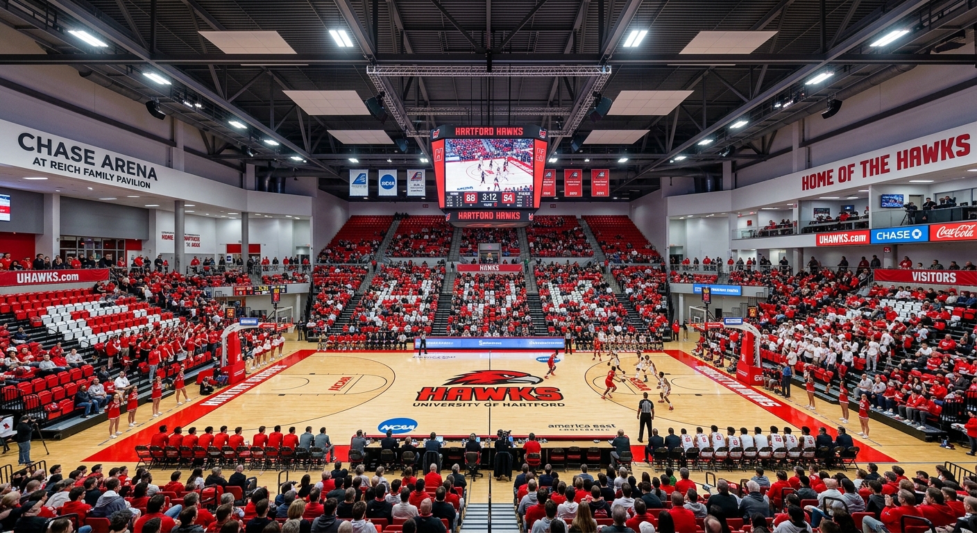 Chase Arena at Reich Family Pavilion, University of Hartford basketball arena interior with scarlet and white seating and modern sports facilities
