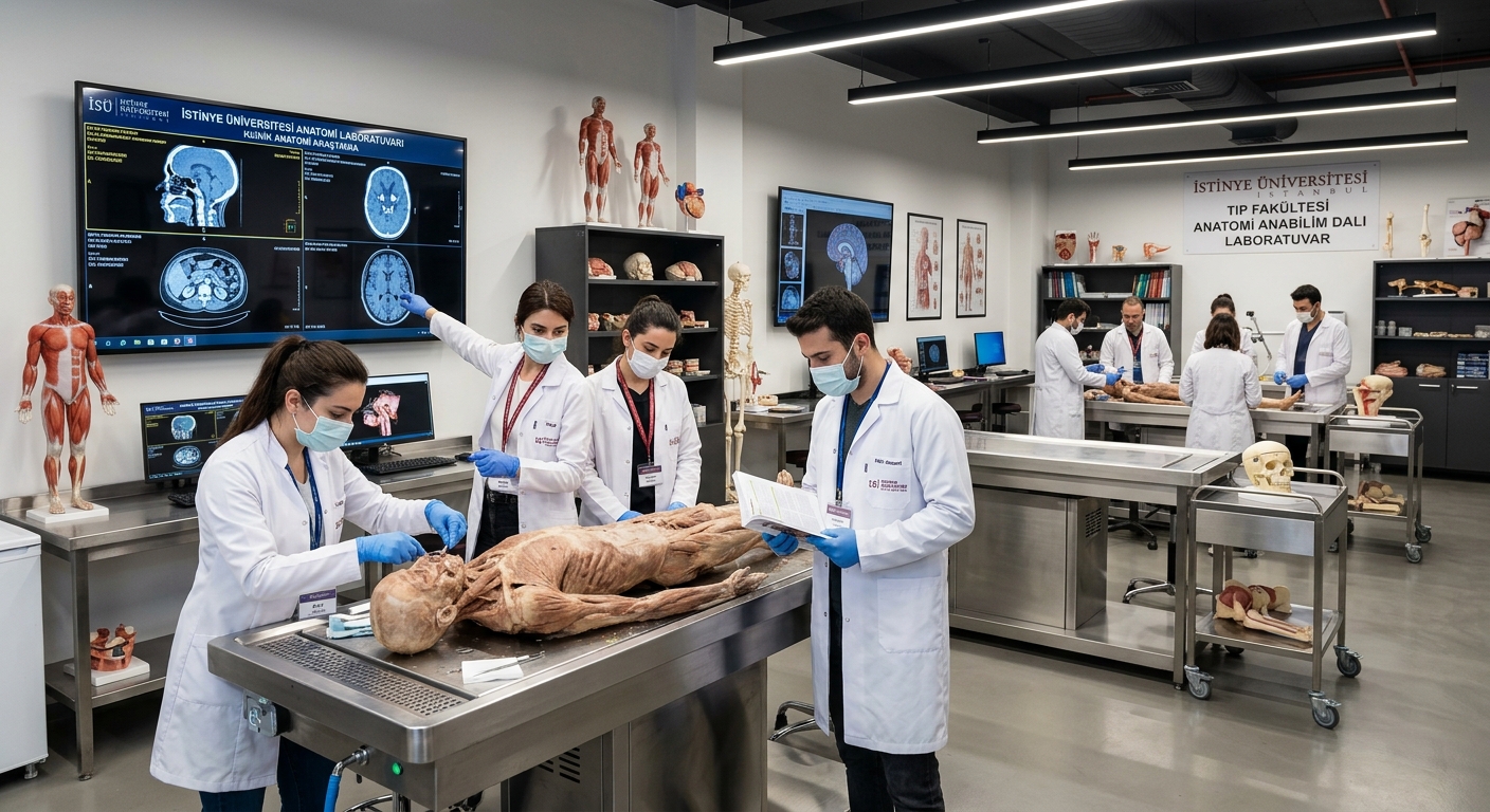 Modern anatomy laboratory at Istinye University Istanbul with advanced dissection tables, anatomical models, digital imaging screens, and doctoral students conducting clinical anatomy research under bright laboratory lighting