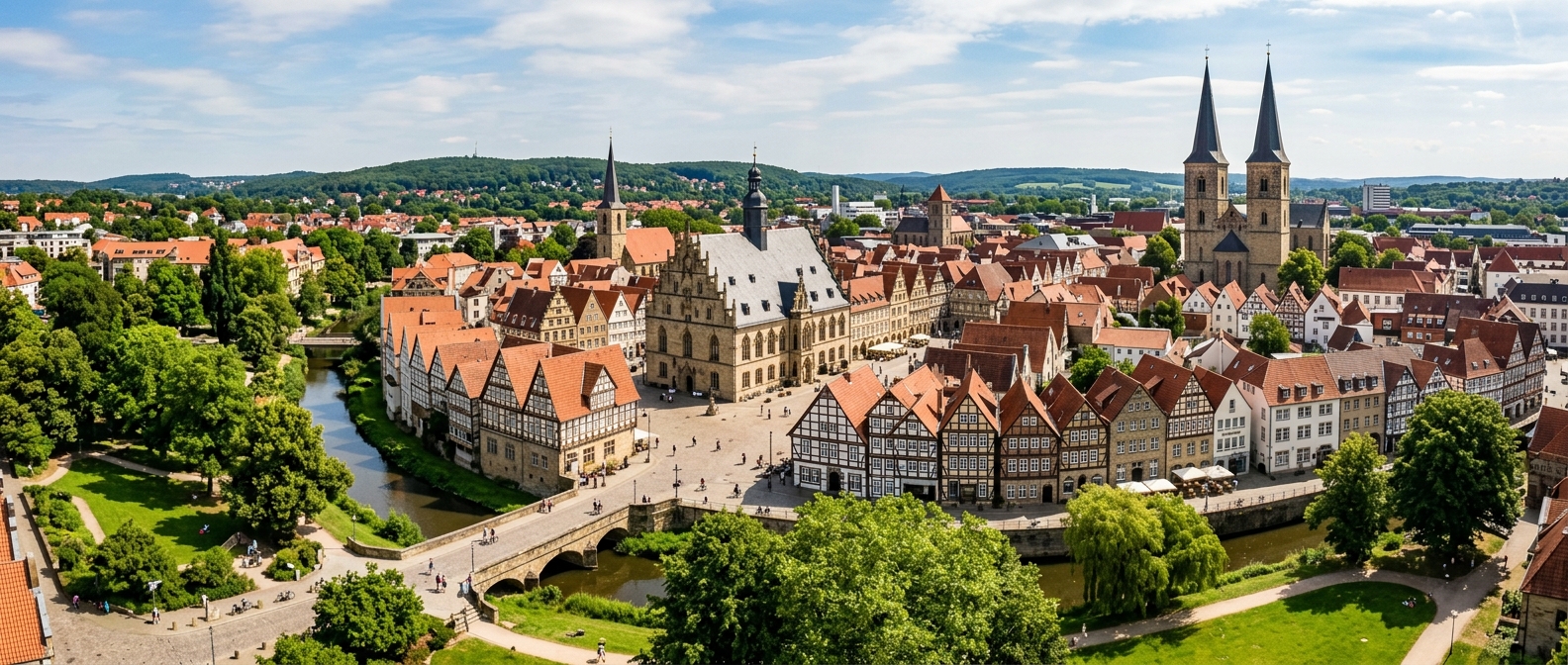 Panoramic view of Osnabrück city center, historic town hall, St. Peter's Cathedral towers, medieval half-timbered buildings, green parks, Lower Saxony Germany