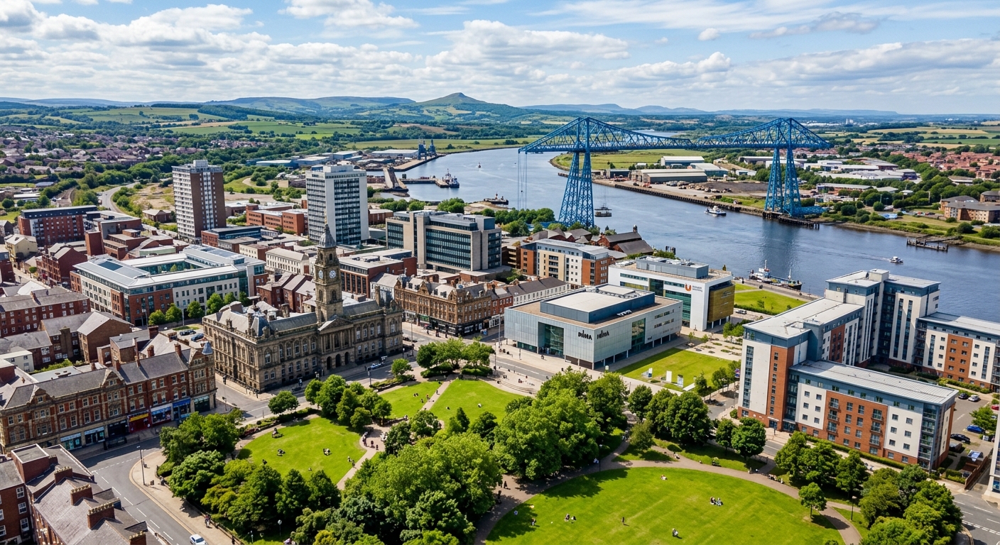 Middlesbrough town centre skyline with the Transporter Bridge in the background, River Tees, mix of Victorian and modern architecture, green parks, North Yorkshire landscape