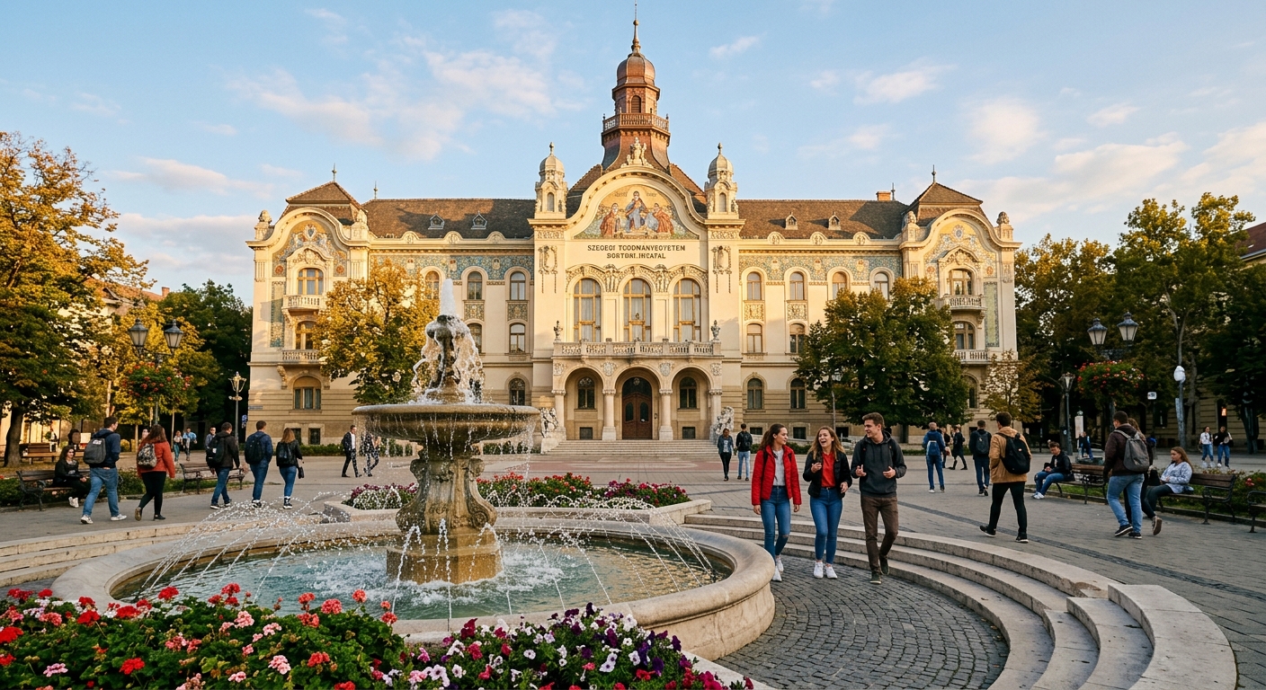University of Szeged Rector's Office building on Dugonics Square with Art Nouveau architecture, fountain in foreground, students walking, warm afternoon sunlight, Szeged Hungary