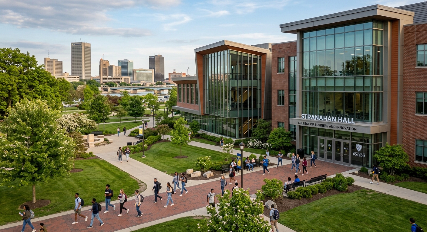 University of Toledo campus with Stranahan Hall and the College of Business and Innovation building, modern academic architecture surrounded by green lawns, students walking on pathways, Toledo Ohio skyline in the background
