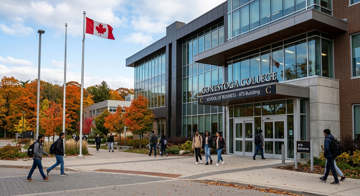 Modern college campus building at Conestoga College in Kitchener Ontario Canada, students walking near business school entrance, Canadian flag visible, contemporary architecture with glass facades, autumn trees in background