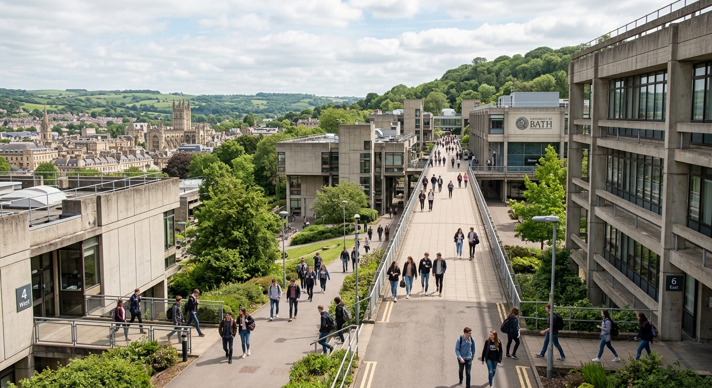 University of Bath campus with modern concrete architecture, green hillside setting overlooking the city of Bath, students walking along pathways between academic buildings with the iconic Parade visible in the background, bright daylight