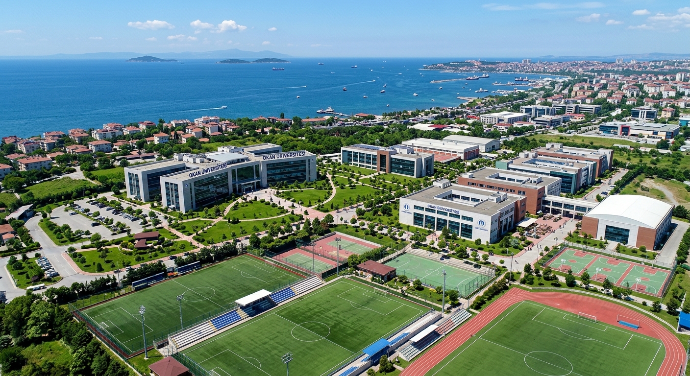 Aerial view of Istanbul Okan University Tuzla campus, modern academic buildings surrounded by green landscaping, sports facilities visible, Marmara Sea coastline in background, clear blue sky