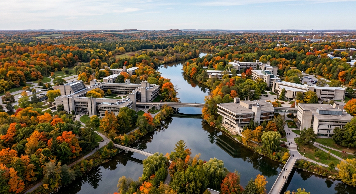Aerial view of Trent University Symons Campus along the Otonabee River in Peterborough Ontario, award-winning brutalist architecture surrounded by lush green forests and nature reserves, autumn foliage reflecting on calm river water