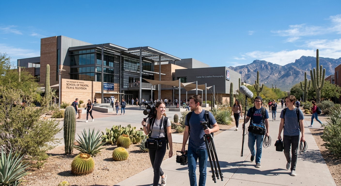 University of Arizona campus in Tucson with desert landscape, modern fine arts building, film students carrying camera equipment near the School of Theatre Film and Television, clear blue sky and saguaro cacti in background