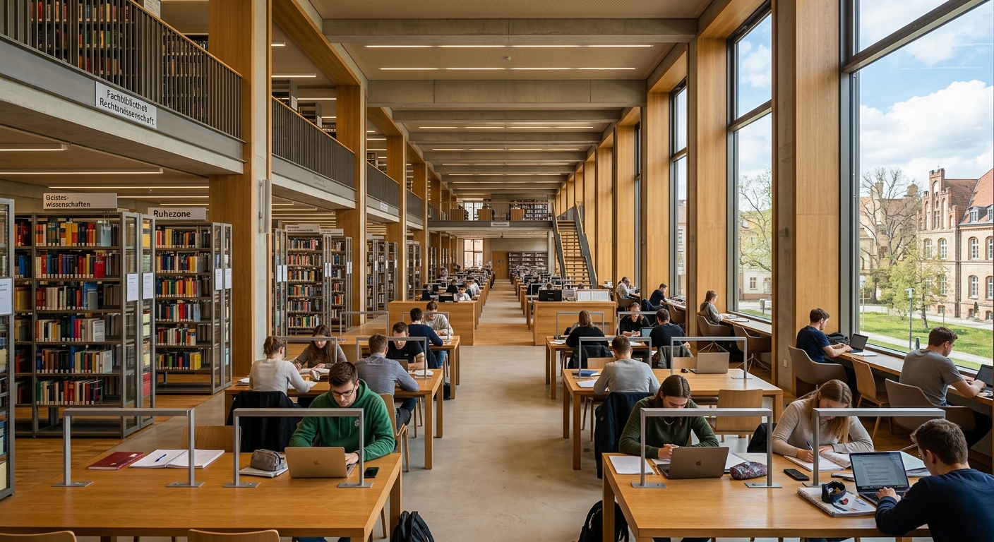 University of Greifswald central library interior with rows of bookshelves, modern study desks, natural lighting, and students studying in a quiet atmosphere