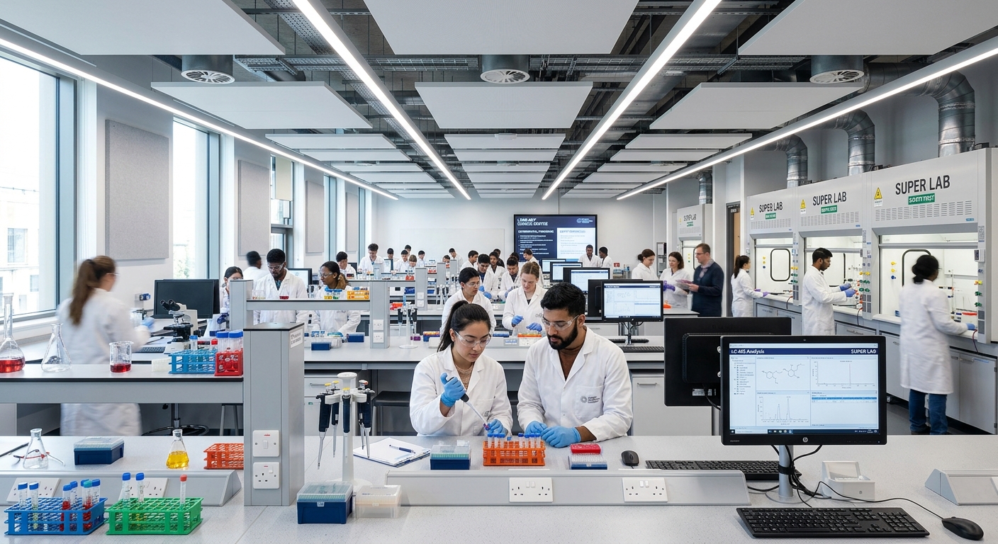 London Met Science Centre interior, students working at modern laboratory workstations in the Super Lab, bright overhead lighting, scientific equipment and digital screens visible