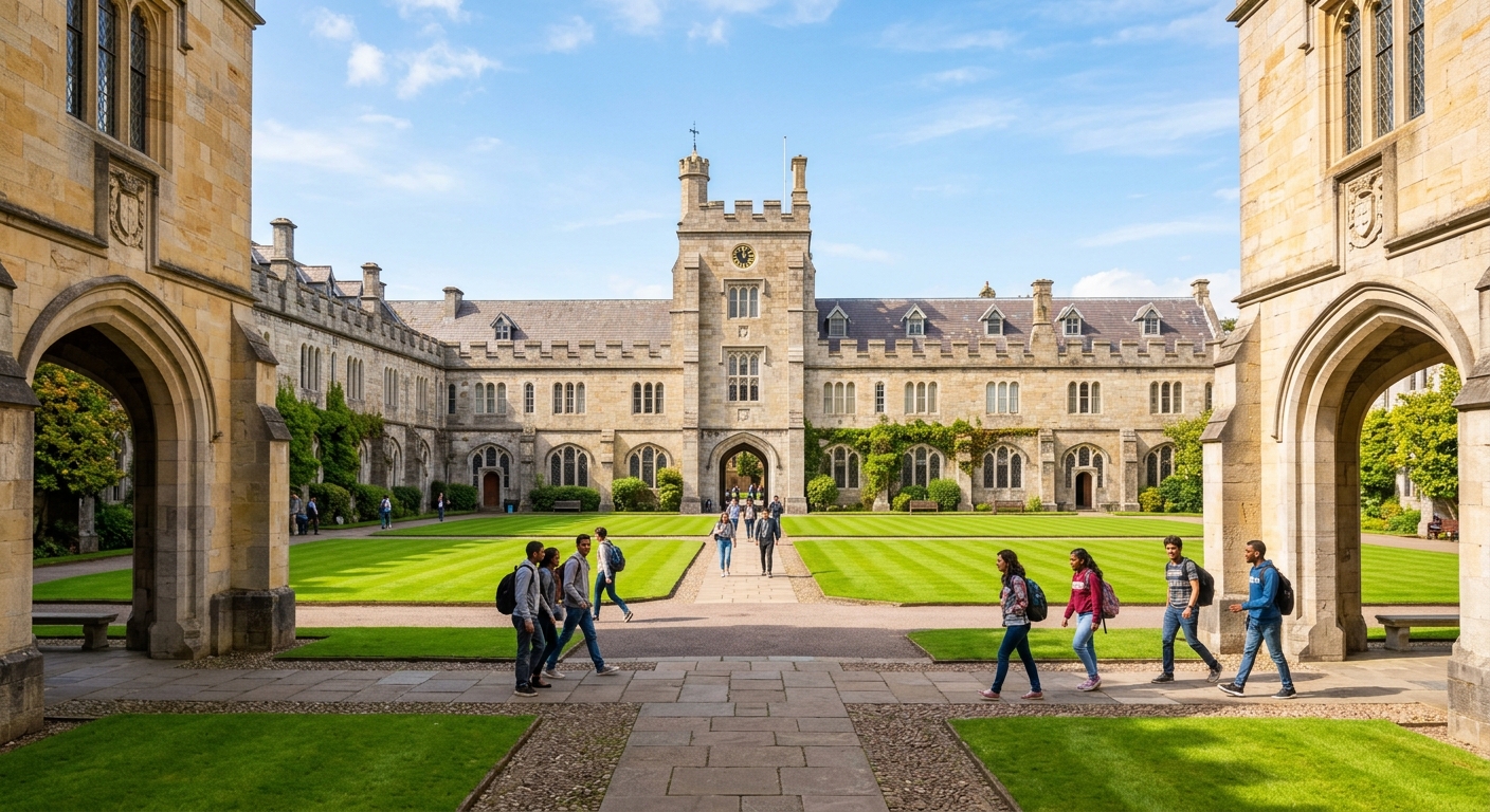 UCC main quadrangle with Tudor Gothic limestone archways, green manicured lawn, and students walking through the courtyard on a bright day