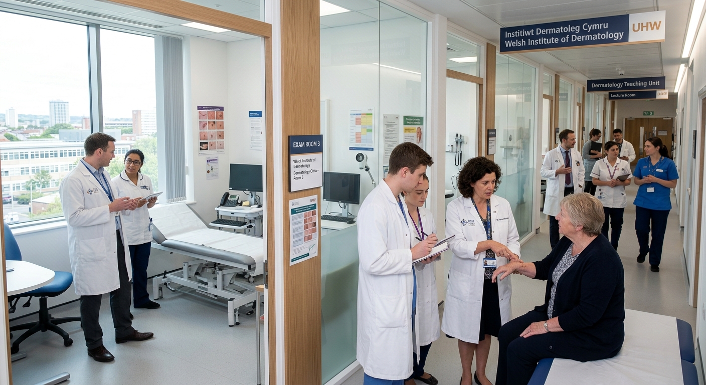 Welsh Institute of Dermatology at University Hospital of Wales in Cardiff, clinical teaching environment with dermatology examination rooms, medical professionals in white coats, modern hospital setting with natural light