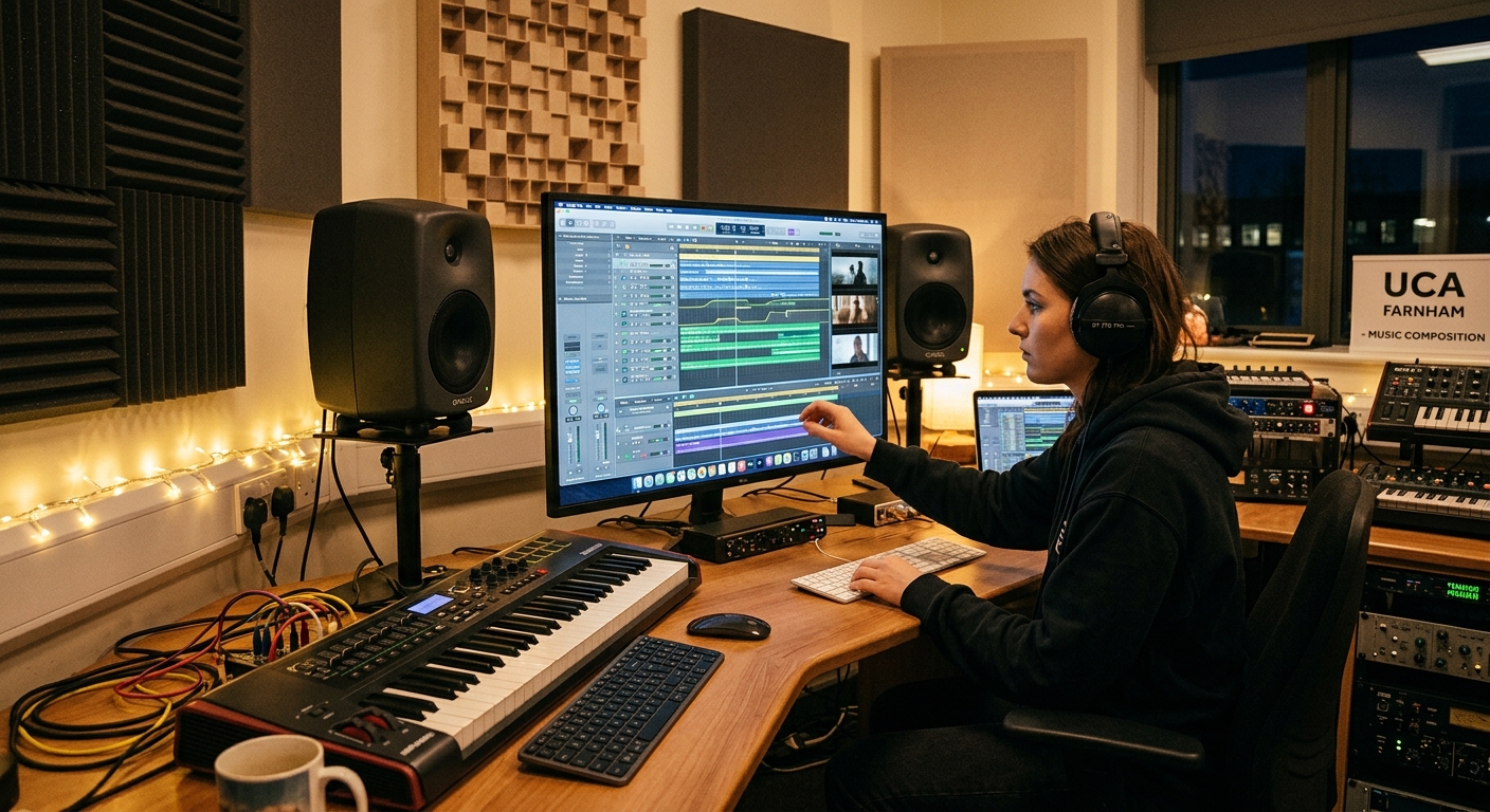 Music composition studio at UCA Farnham campus with a student working on a digital audio workstation, large monitor displaying a film scoring timeline, MIDI keyboard and studio monitors, warm ambient lighting