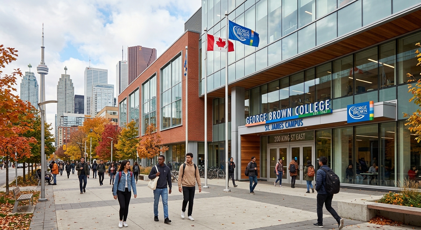 George Brown College St. James Campus in downtown Toronto, modern glass and brick building exterior, students walking with backpacks, Canadian flag visible, urban skyline in background, autumn day