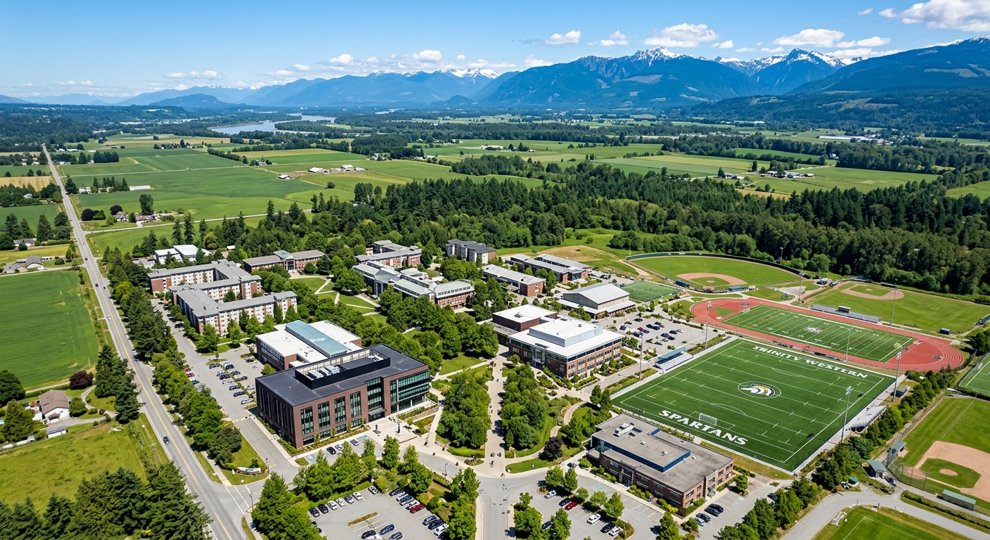 Aerial view of Trinity Western University's 157-acre Langley campus surrounded by lush green Fraser Valley landscape, with modern academic buildings, residence halls, and sports fields visible, mountains in the distant background under blue skies