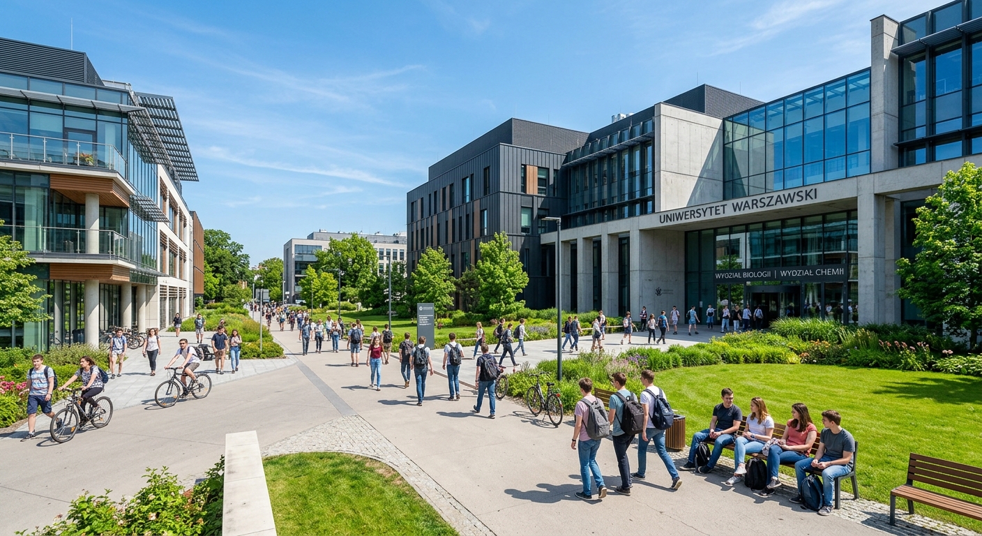 University of Warsaw Natural Sciences Campus, modern glass and concrete faculty buildings, wide pedestrian paths, students with backpacks, green lawn areas, clear blue sky