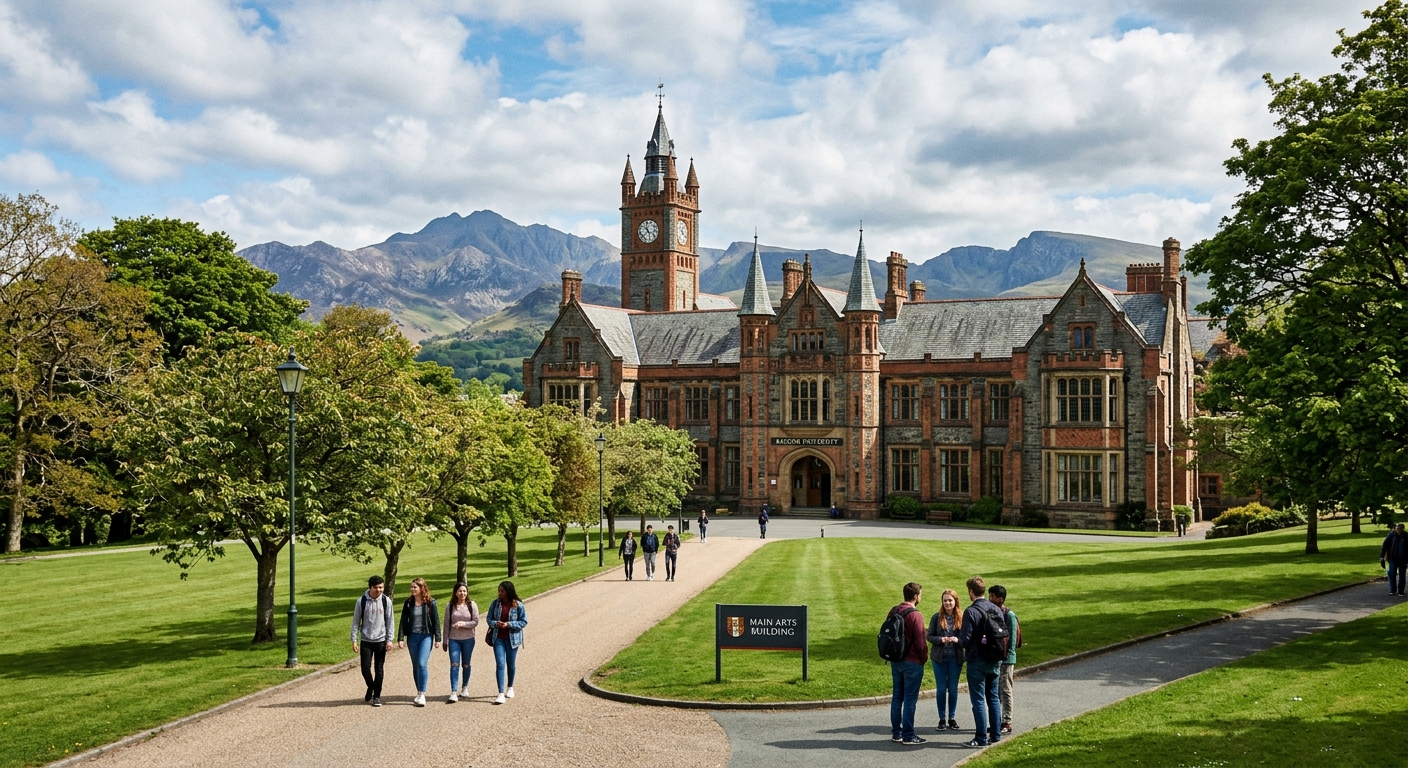 Historic Bangor University main arts building with Victorian architecture, green lawns in foreground, Snowdonia mountains visible in background under partly cloudy sky, students walking along tree-lined pathways