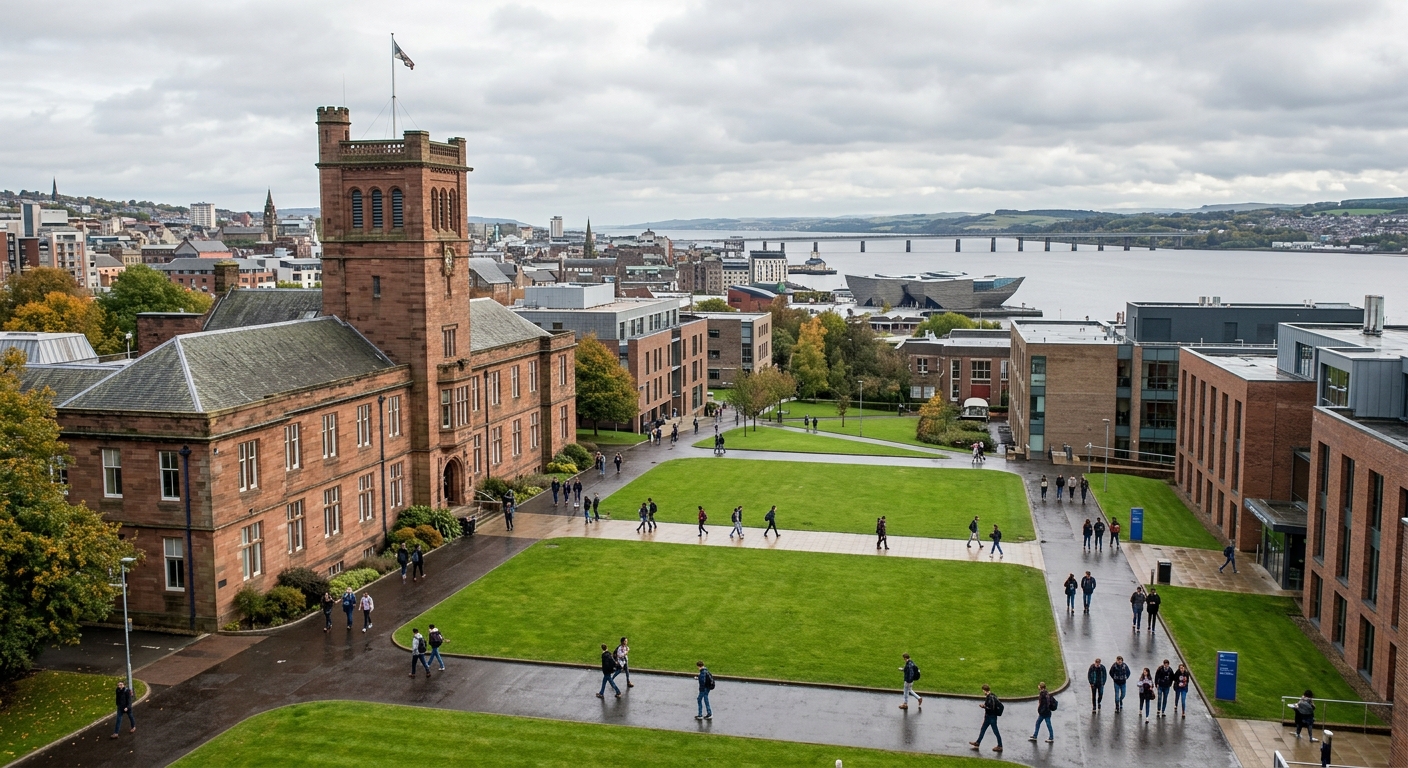 University of Dundee campus with historic Tower Building and modern academic facilities, students walking across green courtyard, Scottish cityscape with River Tay in background, overcast sky