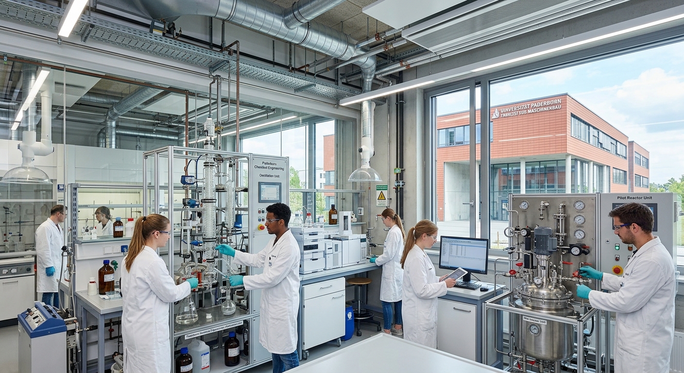 Modern chemical engineering laboratory at Paderborn University with students conducting experiments, industrial reactors and distillation columns visible, bright overhead lighting, Faculty of Mechanical Engineering building in background