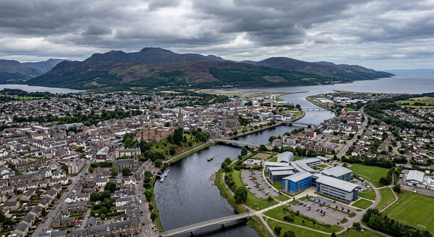 Aerial view of Inverness city and the Scottish Highlands with the River Ness flowing through the center, UHI campus buildings visible, dramatic mountain backdrop under moody Scottish skies