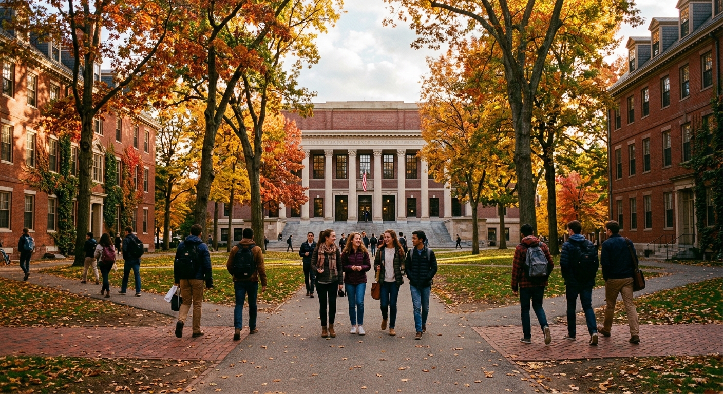 Historic red brick buildings of Harvard University campus in Cambridge Massachusetts, autumn foliage lining tree-covered walkways, students walking through Harvard Yard with Widener Library in the background, warm golden light