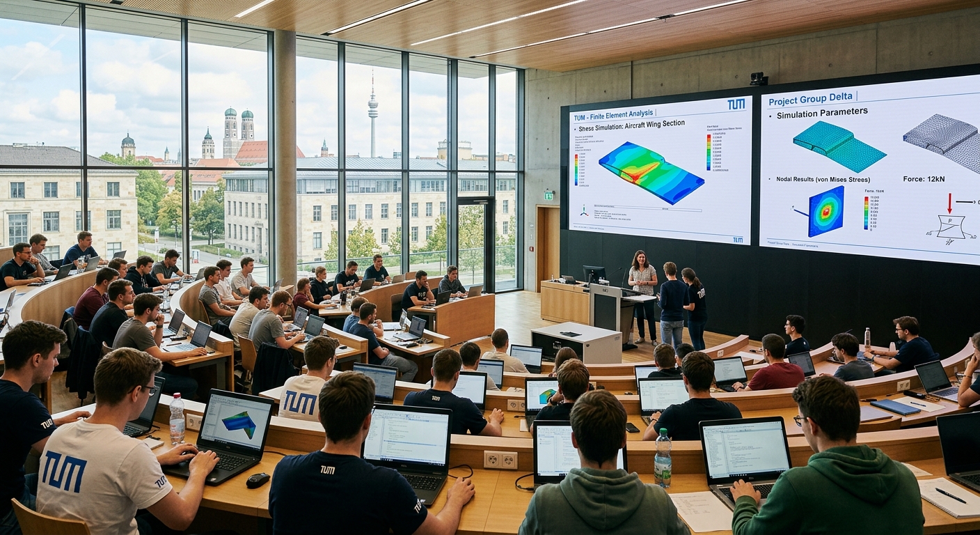Modern engineering lecture hall at Technical University of Munich with students working on computational simulations, large digital screens displaying finite element models, bright natural light streaming through floor-to-ceiling windows, Munich city campus setting