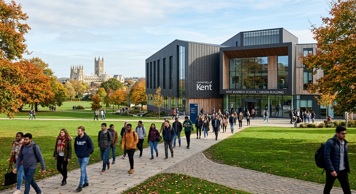 Modern Kent Business School Sibson Building exterior with students walking on Canterbury campus, green parkland surroundings, historic cathedral visible in background, bright autumn day