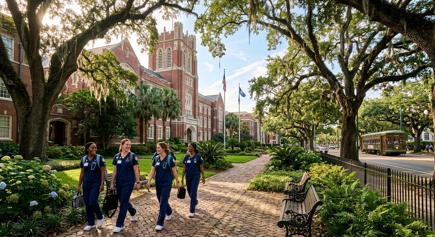 Loyola University New Orleans campus with historic Marquette Hall and oak-lined St. Charles Avenue, nursing students in clinical attire walking through the courtyard, warm southern sunlight filtering through live oak trees