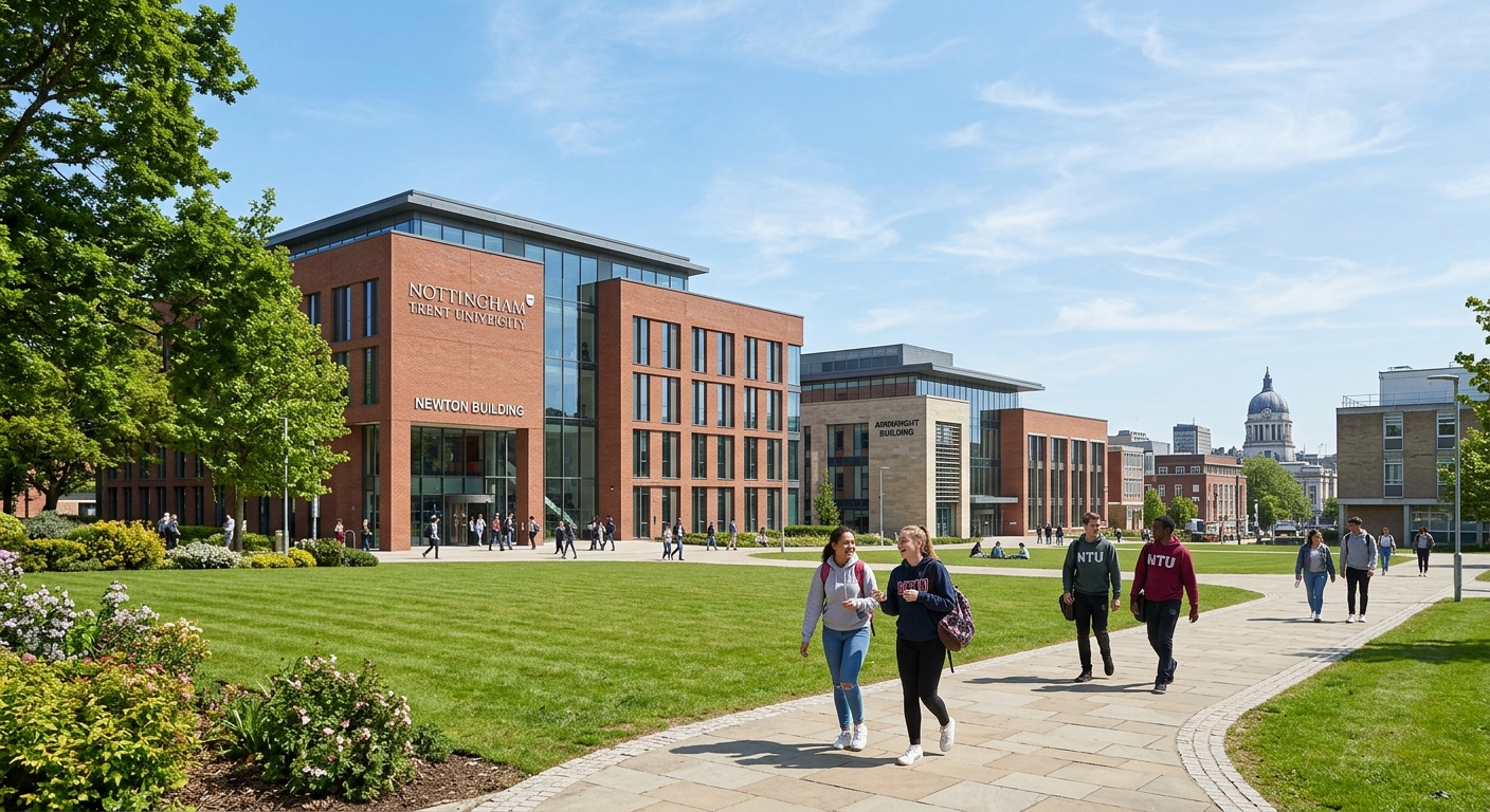 Nottingham Trent University campus with modern brick buildings, green lawns, and students walking along pathways in Nottingham, England, bright daylight with blue sky